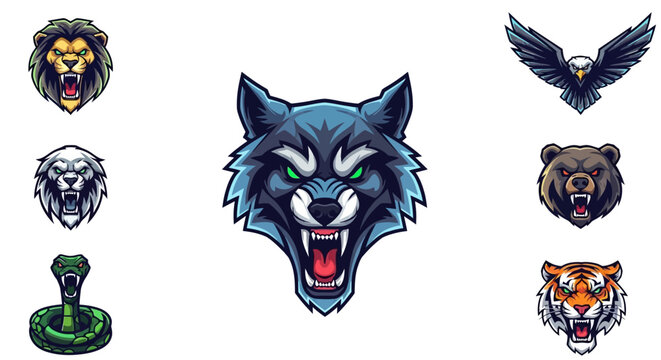 Fierce Animal Heads Collection Featuring Wildlife Characters Like Wolf Lion Eagle Bear Tiger and Cobra for Sport Teams and Gaming Brands Bold Emblem