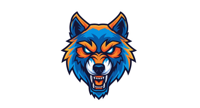Fierce Wolf Head Emblem With Blue Orange Eyes And Fangs On White Background For Mascot Or Team Sport Design