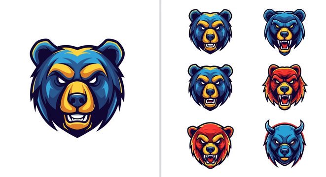 Collection of Fierce Bear Head Emblems For Mascot Design Sports Teams Gaming Clubs Featuring Aggressive Expressions
