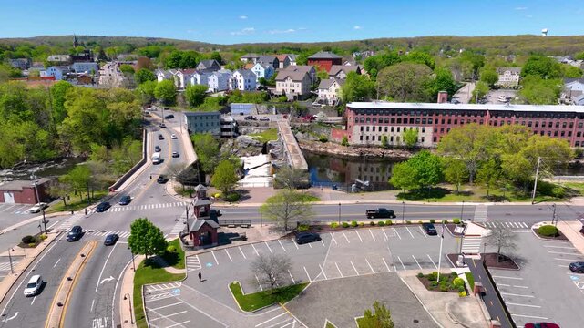 Market Square aerial view at Woonsocket Main Street Historic District in downtown Woonsocket, Rhode Island RI, USA.