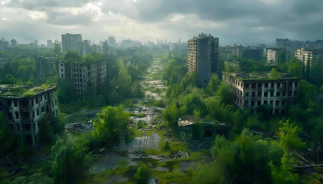 an abandoned city surrounded by greenery