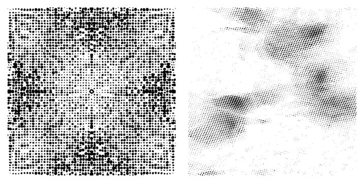 Black and white halftone dot matrix forming gradient textures, graphic design element, print, visual noise effect, vectorized dot art.