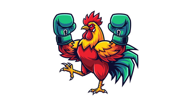 Cartoon rooster wearing boxing gloves stands confidently with arms raised ready for competition
