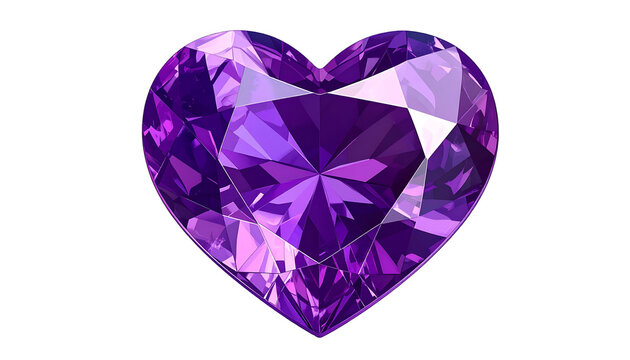 A vibrant, faceted, heart-shaped amethyst gemstone isolated on a black background