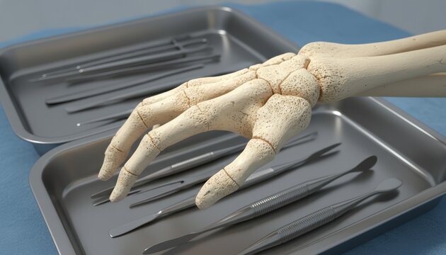 Human Hand Bones With Medical Surgical Instruments In A Sterile Environment On Blue Fabric, Representing Anatomy, Healthcare, And Orthopedic Concepts In A 3D Render