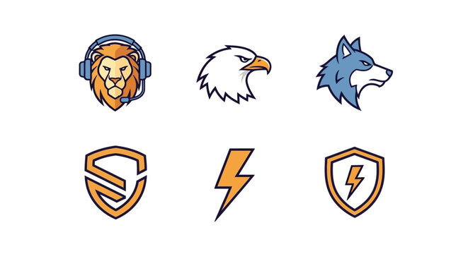 Collection of Animal Heads and Shield Emblems Featuring Lion Eagle Wolf Lightning Bolt Graphic Elements for Branding and Gaming Designs