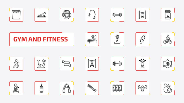 gym and fitness outline icon set. 25 linear vector for ui, web and mobile. thin line scale, , headgear and more icons.