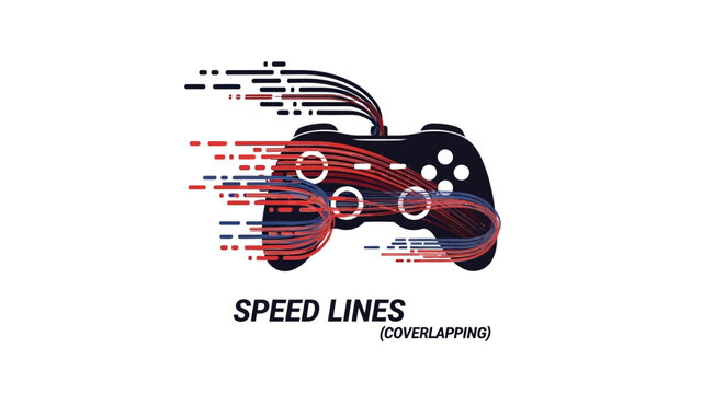 Abstract digital art featuring a video game controller with dynamic speed lines in red and black representing motion and fast action for