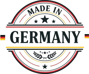 Fototapeta premium Made in Germany Stamp Label Design with German Flag Colors Isolated on White Background