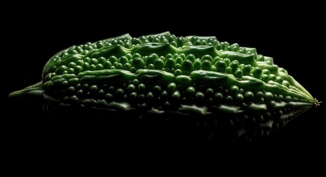 Exotic Green Bitter Gourd Vegetable Isolated Against Black Background