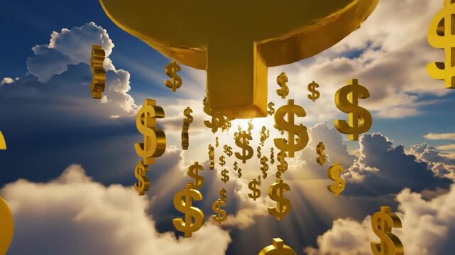 Golden dollar signs falling through clouds with sun rays