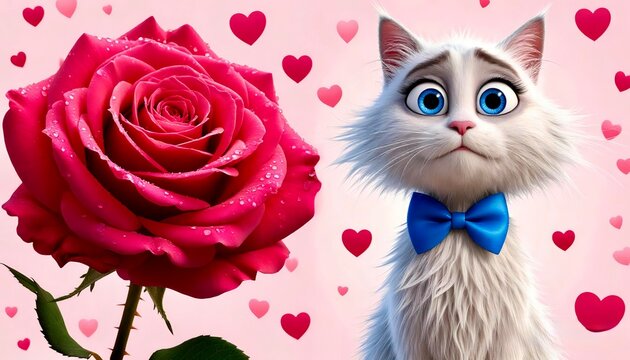 a cartoon white cat with hearts and a large red rose