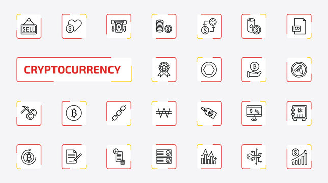 cryptocurrency outline icon set. 25 linear vector for ui, web and mobile. thin line sell, donate, withdraw and more icons.