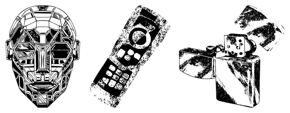 Abstract geometric mask, vintage remote control, classic lighter, black and white vector art, isolated tech and retro objects.