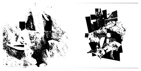 Naklejka premium Bold black shapes colliding with textured halftone noise, graphic design elements, digital art composition, stylized chaos, vector abstraction.
