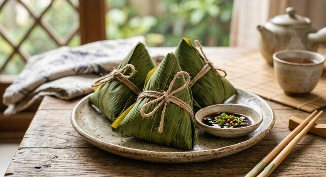 Dumpling Close-Up
A beautifully styled plate of zongzi (sticky rice dumplings) wrapped in bamboo leaves, tied with twine, with soft natural lighting and a calm, warm atmosphere