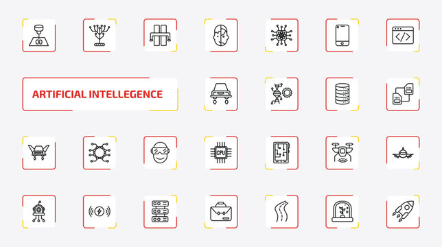 artificial intellegence outline icon set. 25 linear vector for ui, web and mobile. thin line organ printing, technology tree, motorway and more icons.