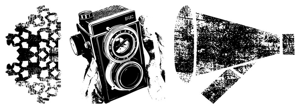 Classic B.F.L.C. lens camera, analog gear, handheld film camera, retro lens equipment, vector illustration.
