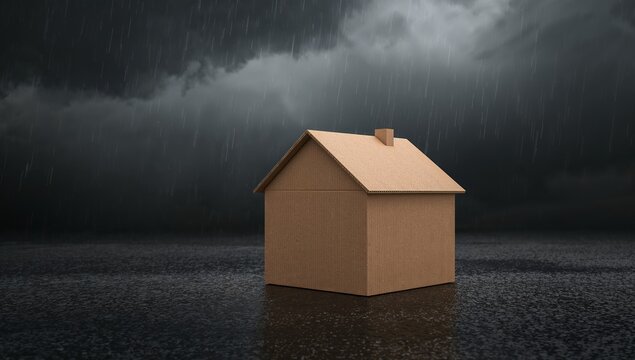 Fragile cardboard house in a rainstorm symbolizing vulnerability
