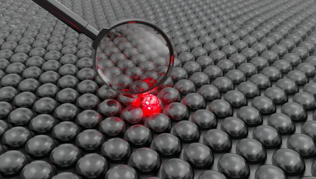 Magnifying glass finding a unique glowing sphere in a crowd