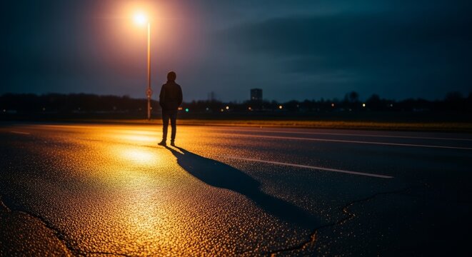 A lone shadow lingers under a bright street lamp on a desolate urban road at night, creating a moody atmosphere of isolation and sorrow, evening, pavement, shadow