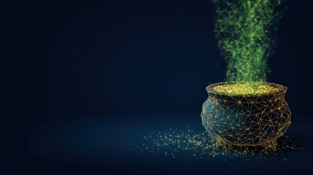 An ethereal cauldron of mystical brew simmers with glowing magic, emanating a captivating green light, against a mysterious deep backdrop. ..Created with Generative AI, not depicting real subjects.