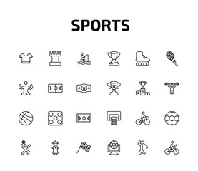 sports outline icon set. 24 linear vector for ui, web and mobile. thin line football jersey, tower from a chess, fisher fishing and more icons.