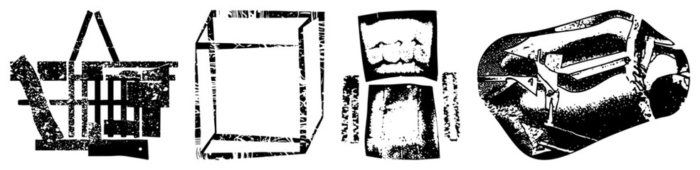 Obraz premium Black and white vector art featuring fragmented geometric forms, stylized cubist inspired blocks, textured halftone, graphic design elements, abstract composition.