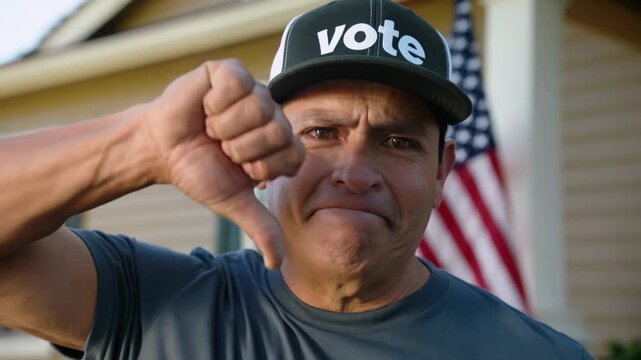 migrant man wearing "VOTE" cap expresses his voter sentiments with dislike gesture outdoors in front of residential building with American flag. Indicating civic engagement in local community