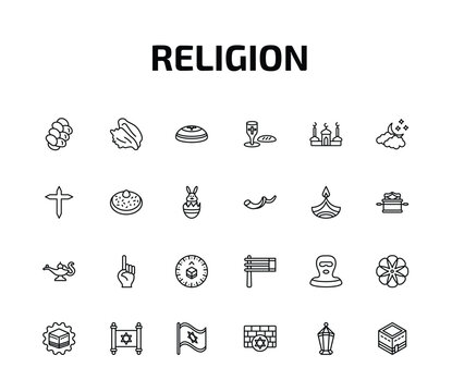 religion outline icon set. 24 linear vector for ui, web and mobile. thin line challah, conch shell, kippah and more icons.