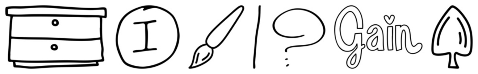 Obraz premium Sketch style including dresser, letter I, paintbrush, question mark, “Gain” text, and spade symbol minimalist art for design or gaming themes.