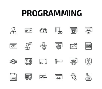 programming outline icon set. 24 linear vector for ui, web and mobile. thin line seo, theme, addon and more icons.
