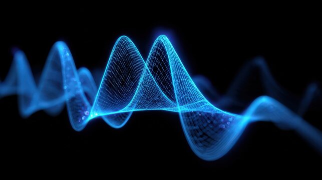 Vibrant neon blue sine waves pulse across a dark backdrop, creating an electric visual of sound frequency. ..Created with Generative AI, not depicting real subjects.