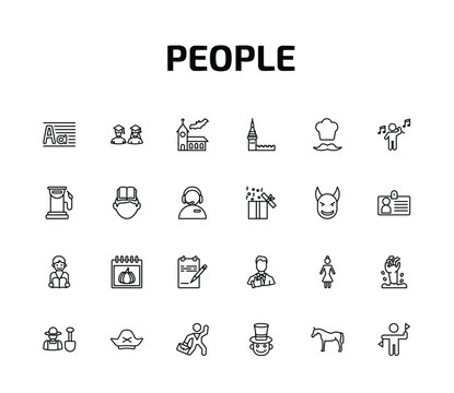 people outline icon set. 24 linear vector for ui, web and mobile. thin line paragraph aa, students, church with bats and more icons.