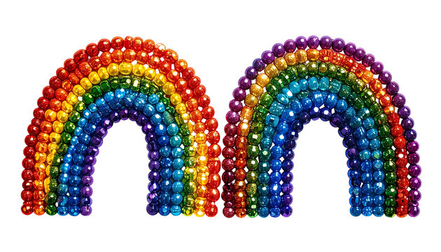Two rainbow arches composed of vibrant, glistening spheres against a black background