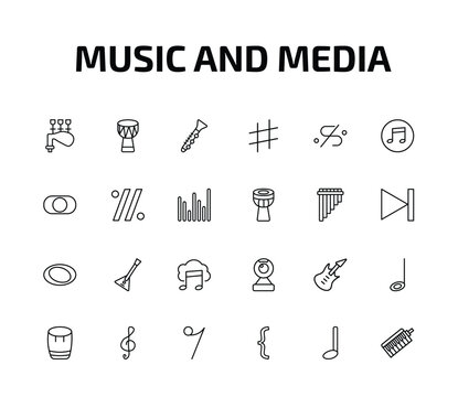 music and media outline icon set. 24 linear vector for ui, web and mobile. thin line bagpipes, djembe, oboe and more icons.