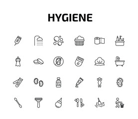 Fototapeta premium hygiene outline icon set. 24 linear vector for ui, web and mobile. thin line electric razor, douche, bubbles and more icons.