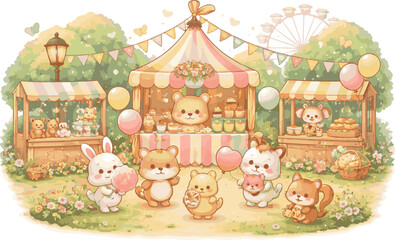 Fototapeta premium Adobe Illustrator Artwork small festival with decorations and happy animals BOOK COVER CLIP ART.