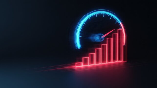 Glowing speedometer and bar graph illustration representing progress and performance, The image suggests rapid growth, achievement. ..Created with Generative AI, not depicting real subjects.