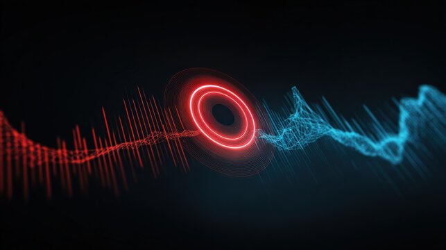 Abstract sound waves in vibrant red and blue hues surge across a dark canvas. ..Created with Generative AI, not depicting real subjects.