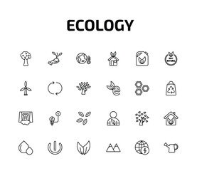 Fototapeta premium ecology outline icon set. 24 linear vector for ui, web and mobile. thin line fruit tree, plant on a hand, warming and more icons.