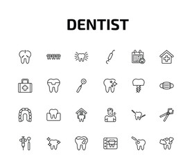 dentist outline icon set. 24 linear vector for ui, web and mobile. thin line intraoral, brackets, clean tooth and more icons. © Farahim