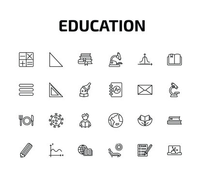education outline icon set. 24 linear vector for ui, web and mobile. thin line maths, right triangle, stack of books and more icons.