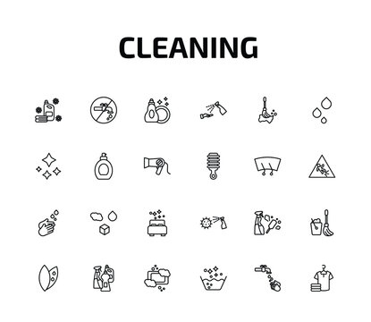 cleaning outline icon set. 24 linear vector for ui, web and mobile. thin line softener, no water cleanin, dishwashing detergent and more icons.
