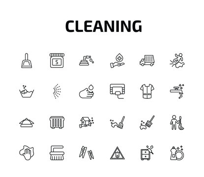 cleaning outline icon set. 24 linear vector for ui, web and mobile. thin line dust pan, solvent, garden hose and more icons.