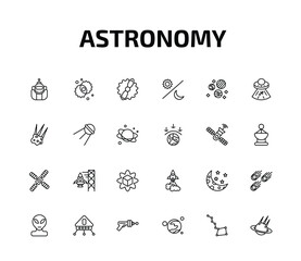 astronomy outline icon set. 24 linear vector for ui, web and mobile. thin line astronaut ingravity, nebula, gamma ray and more icons. © Farahim