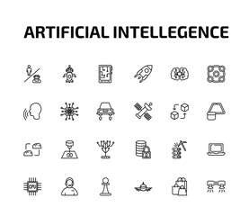 Fototapeta premium artificial intellegence outline icon set. 24 linear vector for ui, web and mobile. thin line robots and humans, robot assistant, mobile flexible display and more icons.