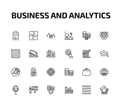 business and analytics outline icon set. 24 linear vector for ui, web and mobile. thin line tactic, puzzle game piece, mortgage statistics and more icons.