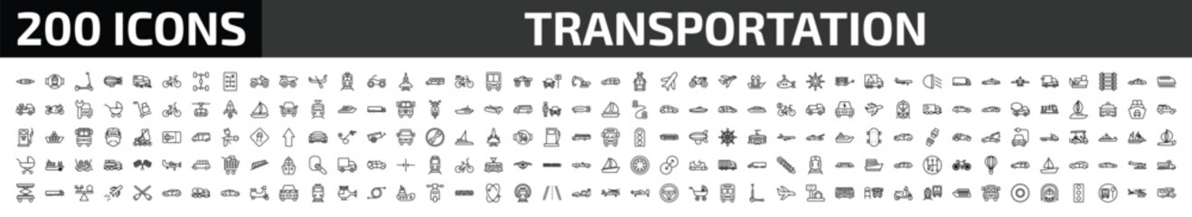 transportation outline icon set. 200 linear vector for ui, web and mobile. thin line kayak, tram stop label, kick scooter and more icons. © Farahim