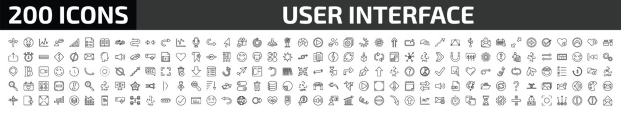 user interface outline icon set. 200 linear vector for ui, web and mobile. thin line crossroad, insolent, line dot chart and more icons.